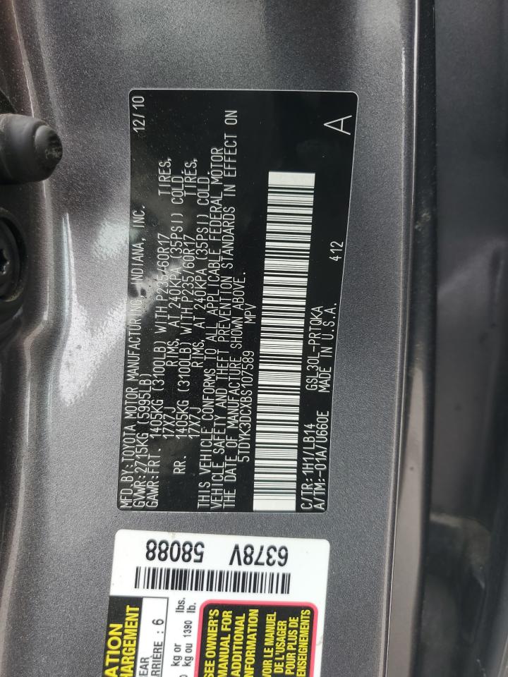2011 Toyota Sienna Xle VIN: 5TDYK3DCXBS107589 Lot: 59540615