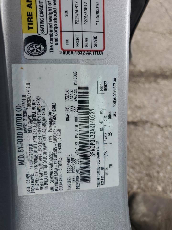 2010 Ford Fusion Hybrid VIN: 3FADP0L33AR140229 Lot: 63084475
