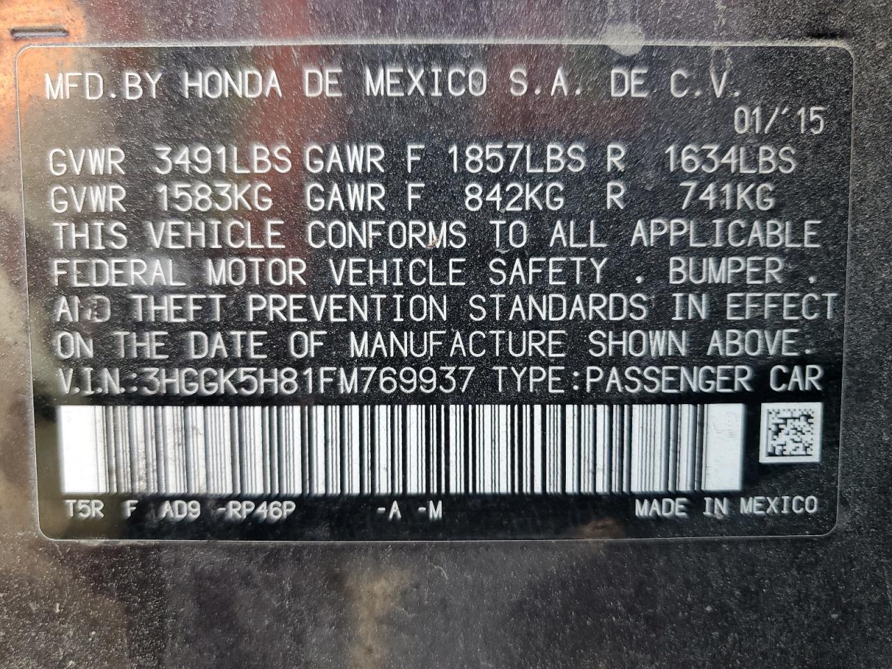 2015 Honda Fit Ex VIN: 3HGGK5H81FM769937 Lot: 61920115