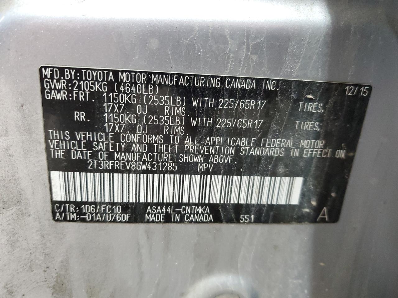 2T3RFREV8GW431285 TOYOTA RAV4 2016