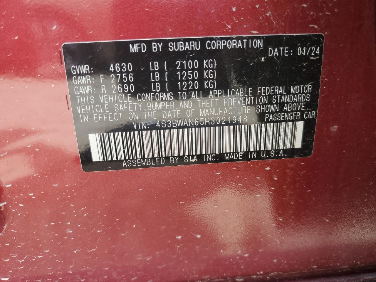 2024 Subaru Legacy Limited VIN: 4S3BWAN65R3021948 Lot: 62588575
