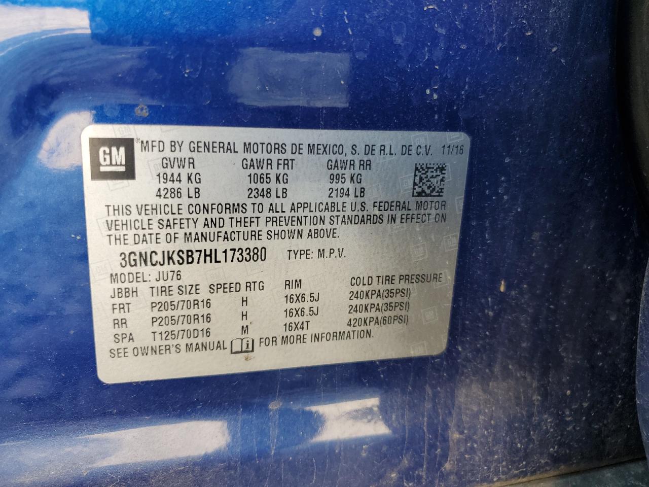 3GNCJKSB7HL173380 CHEVROLET TRAX 2017