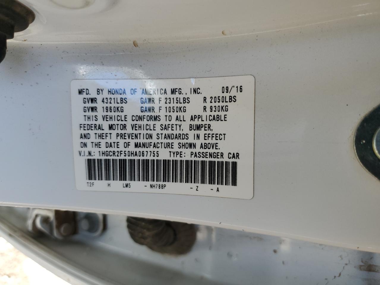 HONDA ACCORD 2017 VIN 1HGCR2F50HA067755 zdjęcie 13