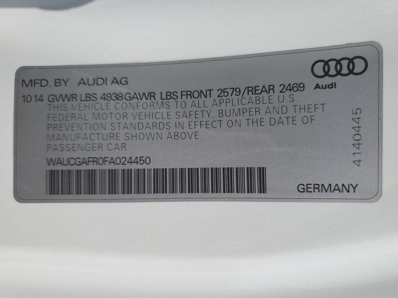 2015 Audi S5 Premium Plus VIN: WAUCGAFR0FA024450 Lot: 59944915