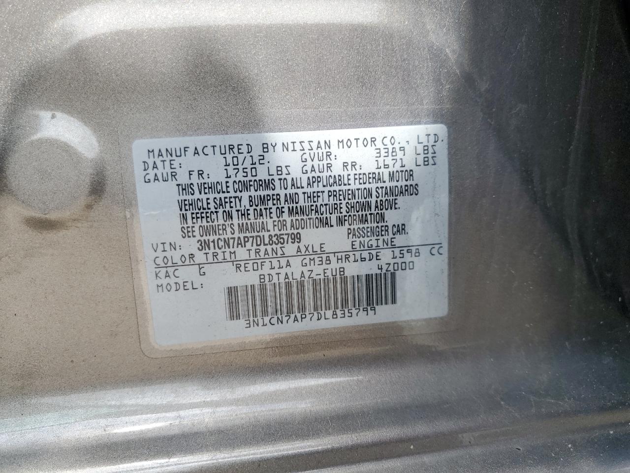 2013 Nissan Versa S VIN: 3N1CN7AP7DL835799 Lot: 61126965