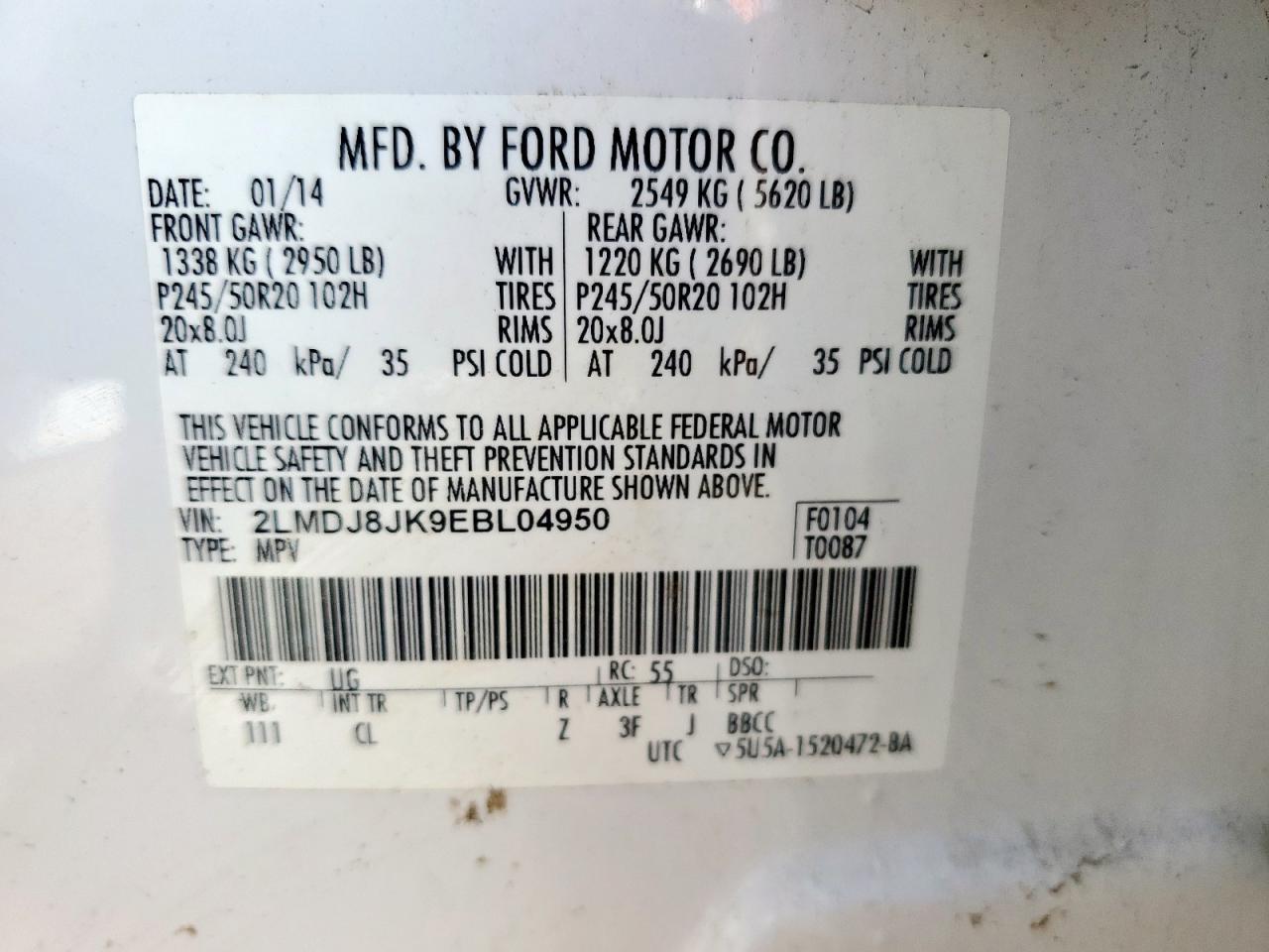 2014 Lincoln Mkx VIN: 2LMDJ8JK9EBL04950 Lot: 62409445