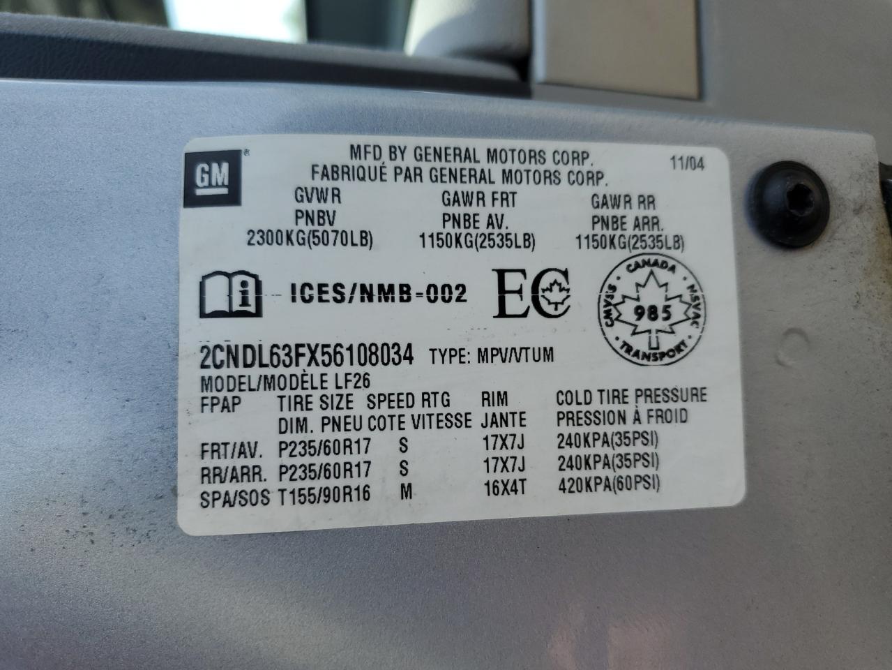 2005 Chevrolet Equinox Lt VIN: 2CNDL63FX56108034 Lot: 60676955