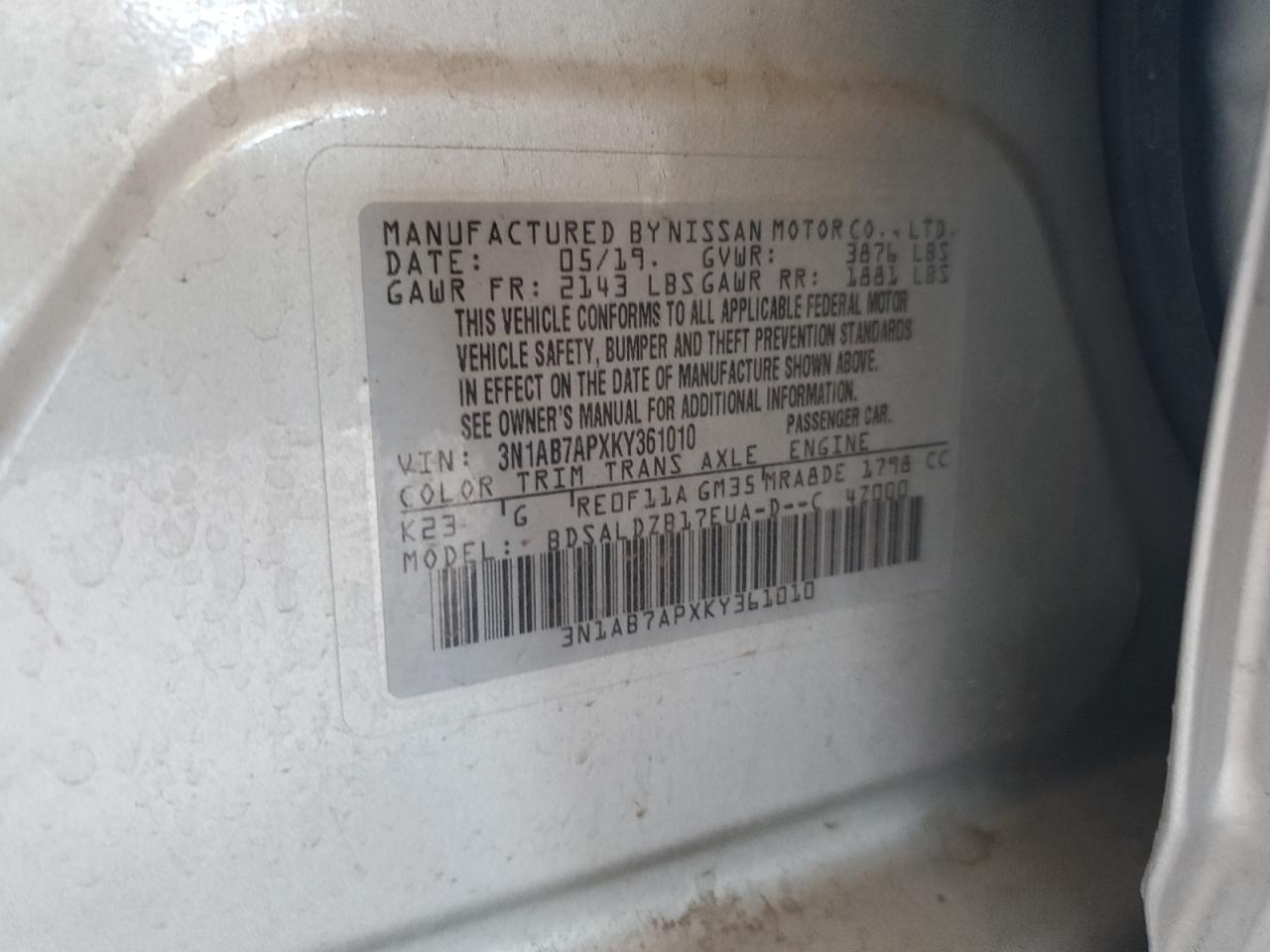 NISSAN SENTRA 2019 VIN 3N1AB7APXKY361010 zdjęcie 12