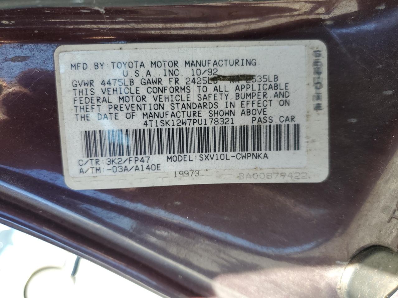 1993 Toyota Camry Le VIN: 4T1SK12W7PU178321 Lot: 58092085