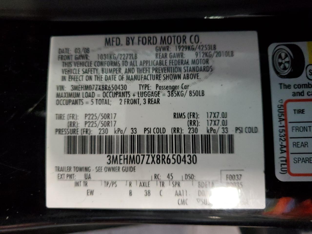 2008 Mercury Milan VIN: 3MEHM07ZX8R650430 Lot: 61915485