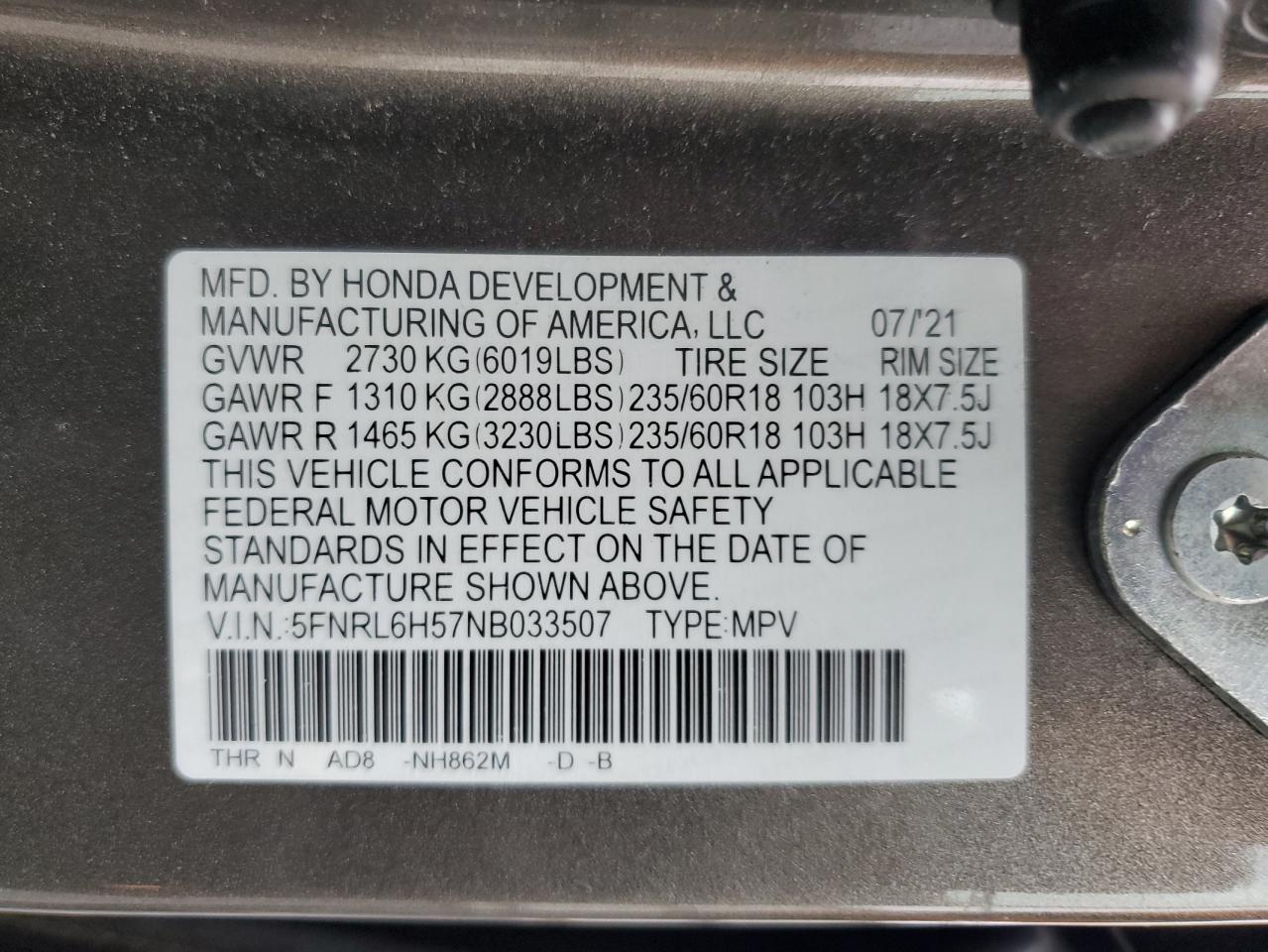 2022 Honda Odyssey Ex VIN: 5FNRL6H57NB033507 Lot: 60975875