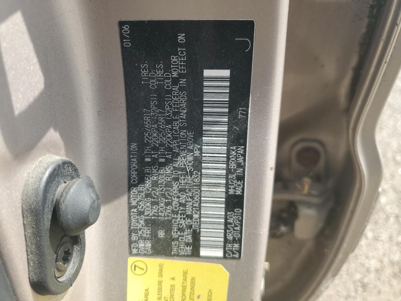 2006 Toyota Highlander Hybrid VIN: JTEDW21A060011832 Lot: 62944525