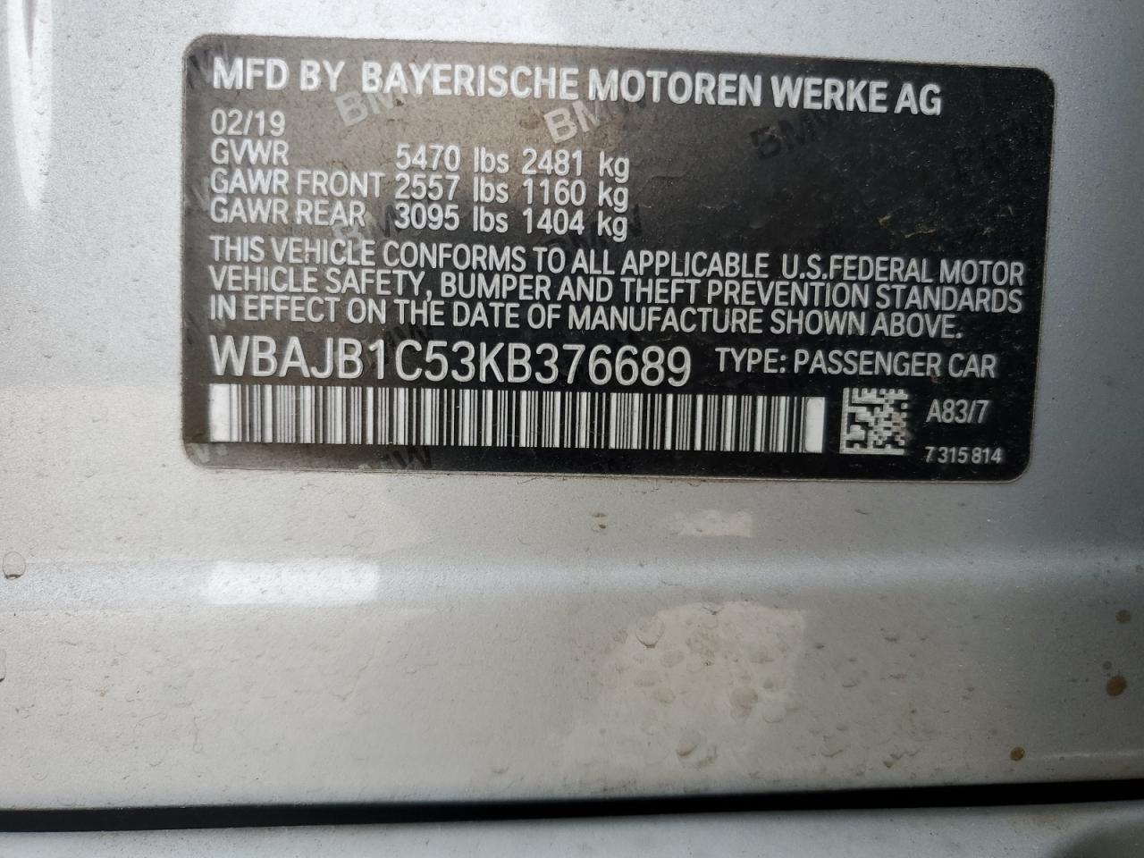 2019 BMW 530Xe VIN: WBAJB1C53KB376689 Lot: 62812785