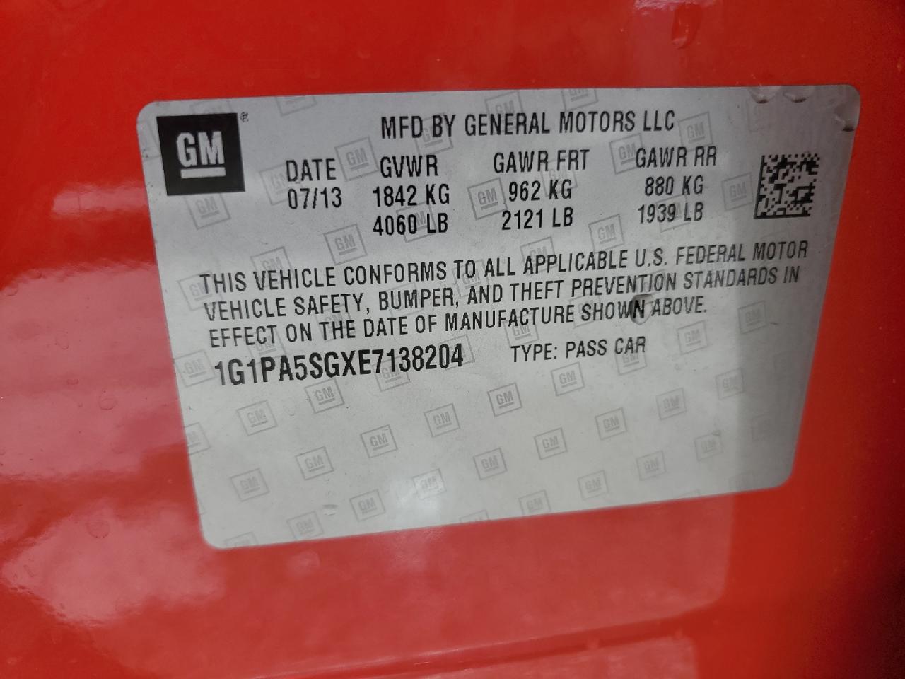2014 Chevrolet Cruze Ls VIN: 1G1PA5SGXE7138204 Lot: 62870845