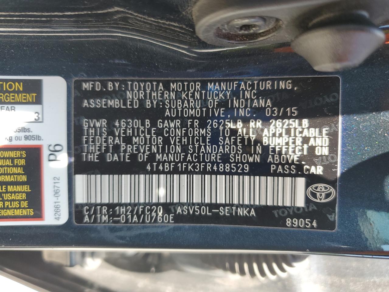 TOYOTA CAMRY 2015 VIN 4T4BF1FK3FR488529 zdjęcie 13