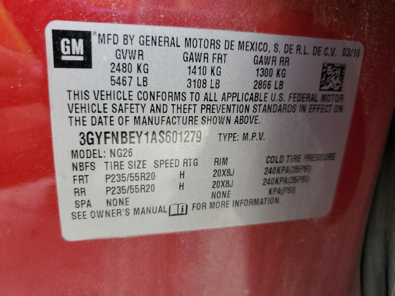 2010 Cadillac Srx Performance Collection VIN: 3GYFNBEY1AS601279 Lot: 63039815