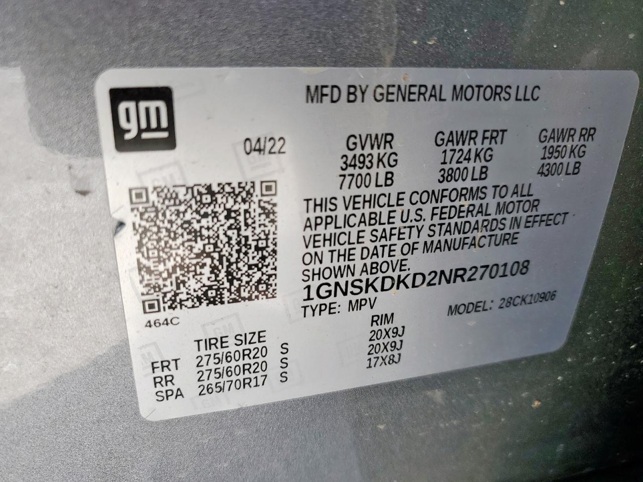 2022 Chevrolet Suburban K1500 Z71 VIN: 1GNSKDKD2NR270108 Lot: 61860055