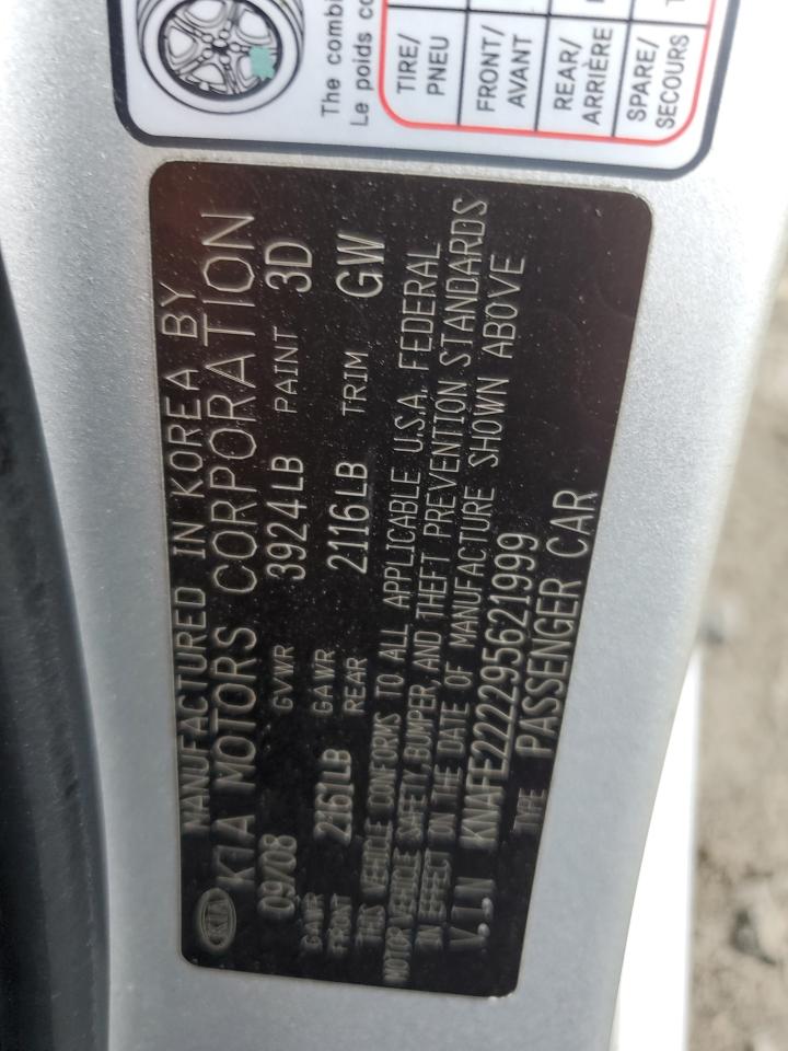 2009 Kia Spectra Ex VIN: KNAFE222295621999 Lot: 61991305