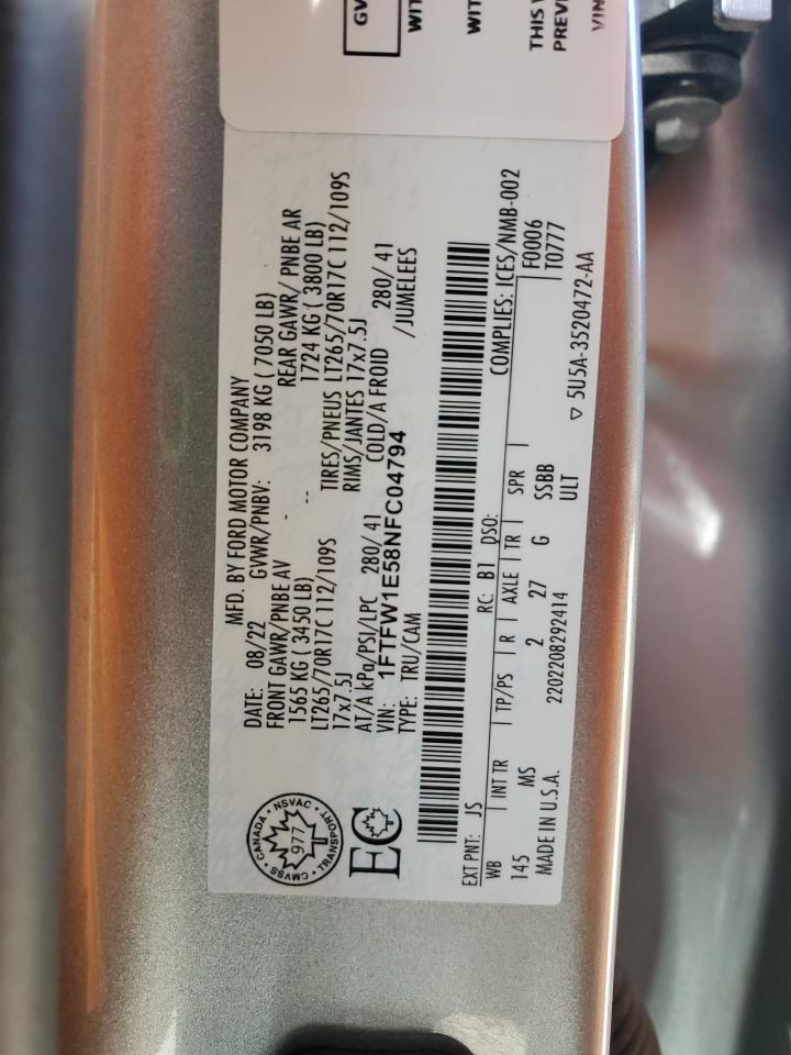 2022 Ford F150 Supercrew VIN: 1FTFW1E58NFC04794 Lot: 62509495