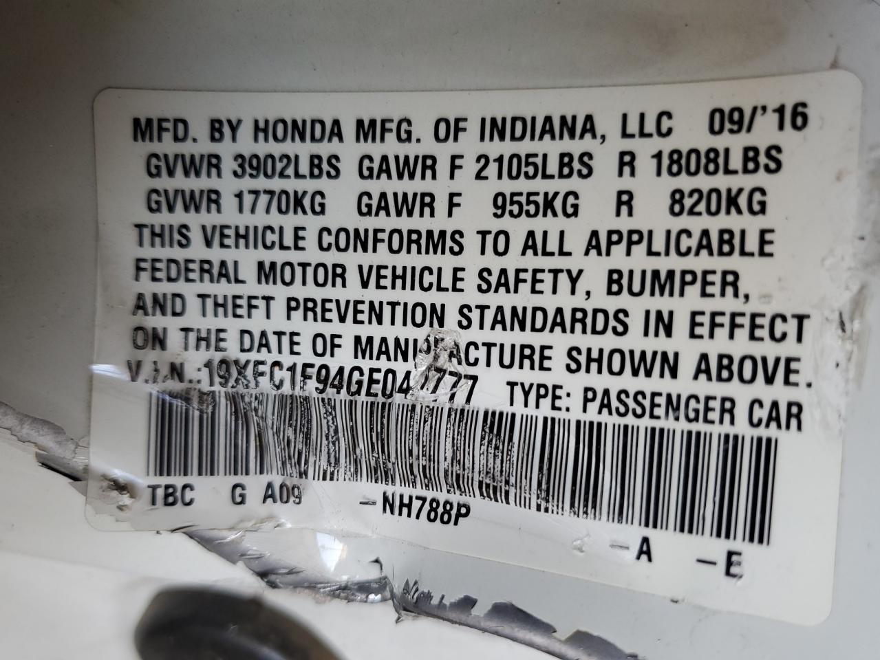 19XFC1F94GE041777 HONDA CIVIC 2016