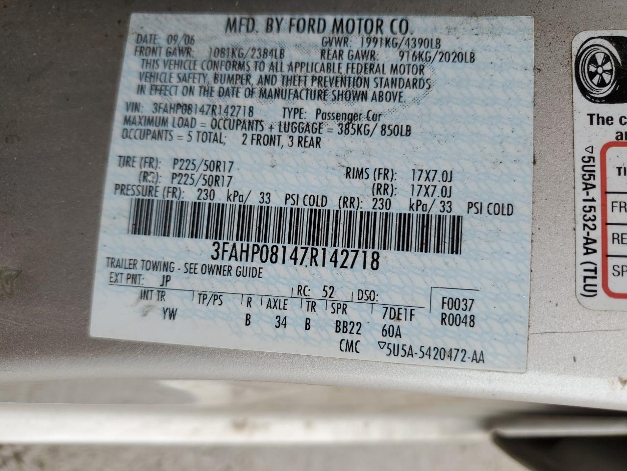 2007 Ford Fusion Sel VIN: 3FAHP08147R142718 Lot: 60894045