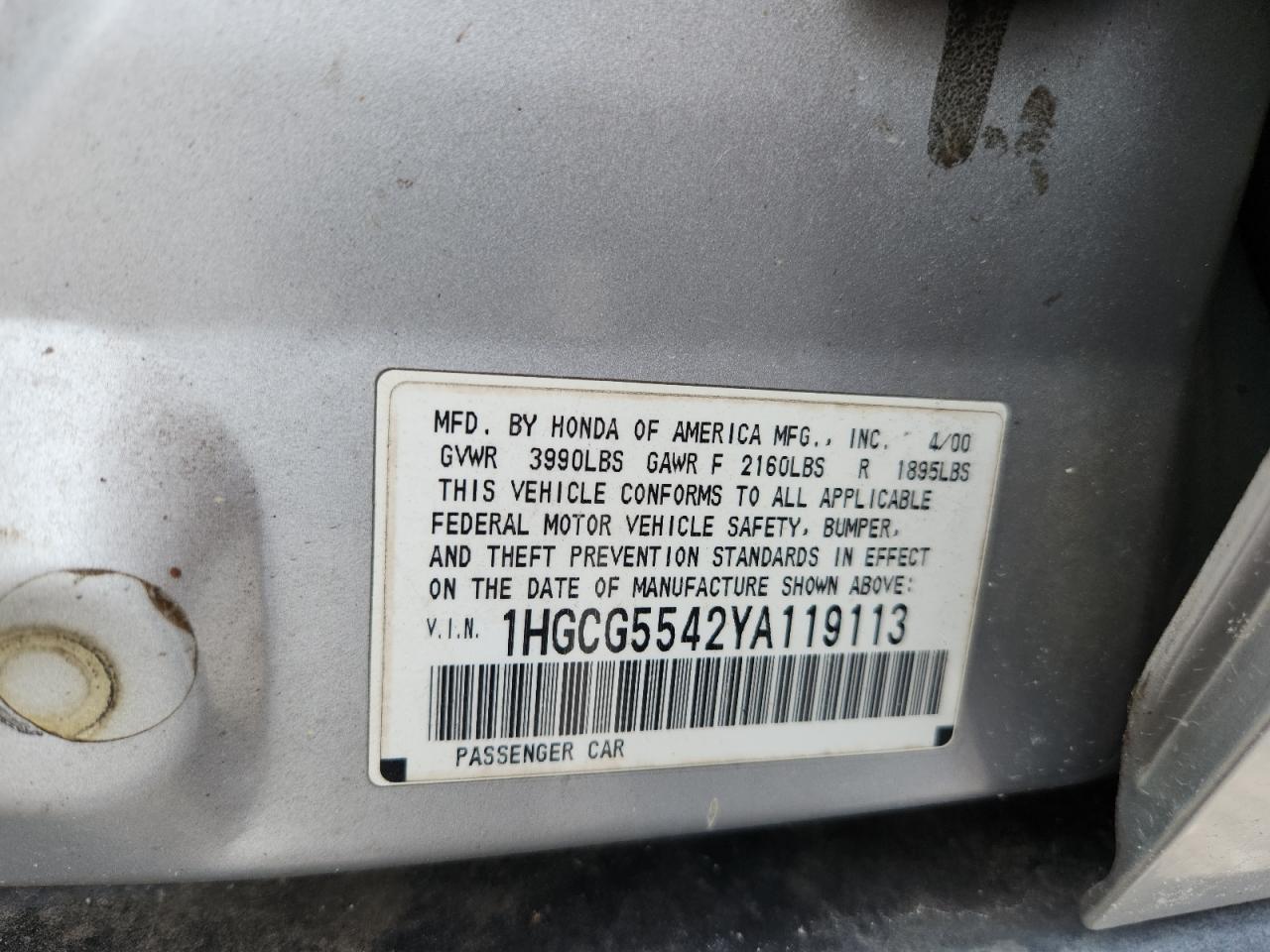 2000 Honda Accord Lx VIN: 1HGCG5542YA119113 Lot: 61295055