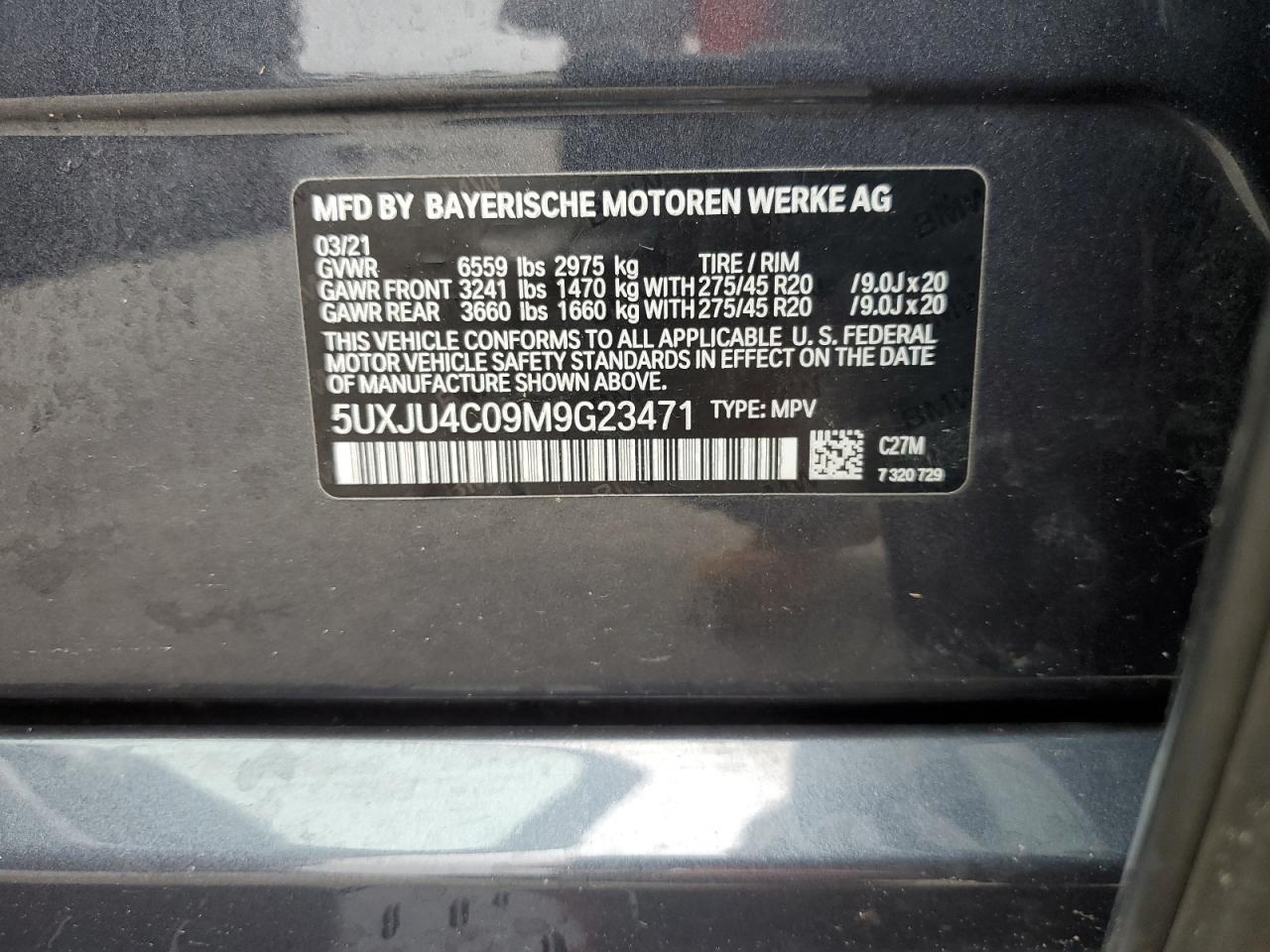2021 BMW X5 M50I VIN: 5UXJU4C09M9G23471 Lot: 60454455