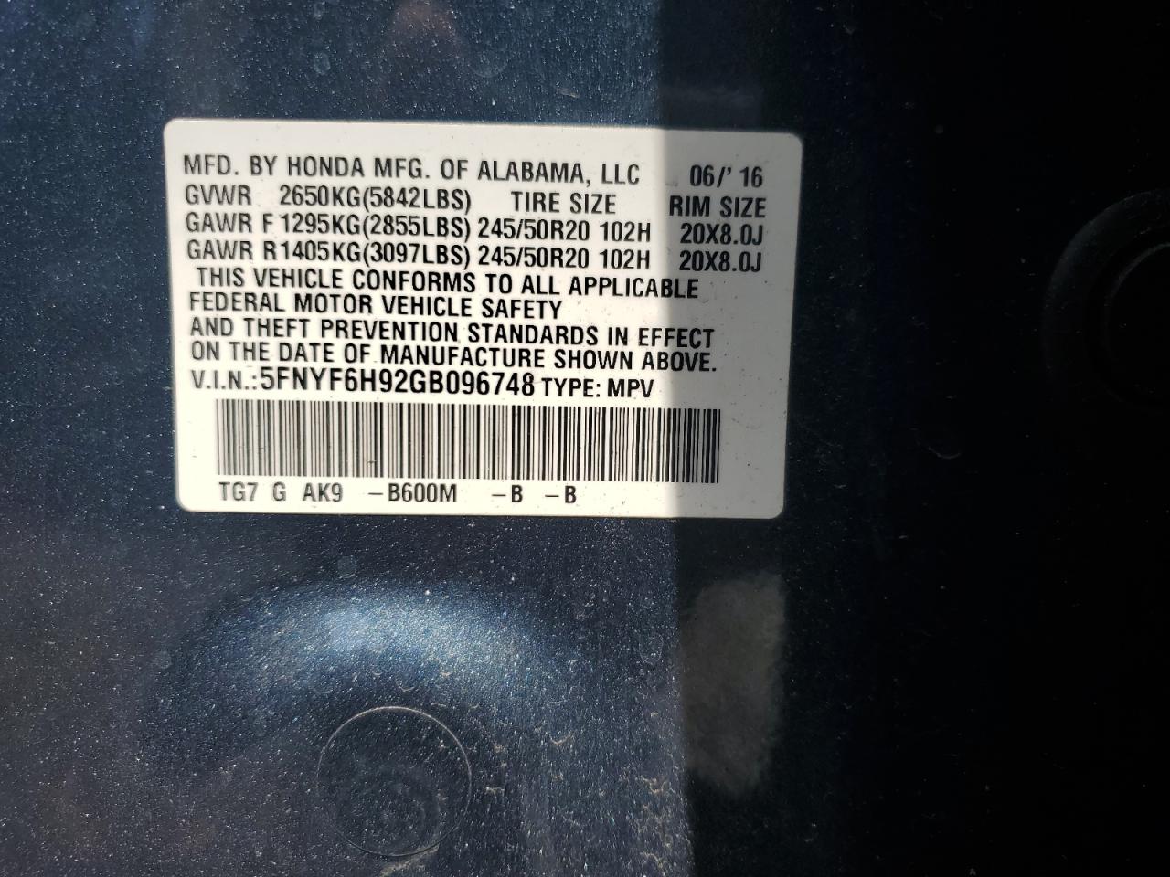5FNYF6H92GB096748 HONDA PILOT 2016