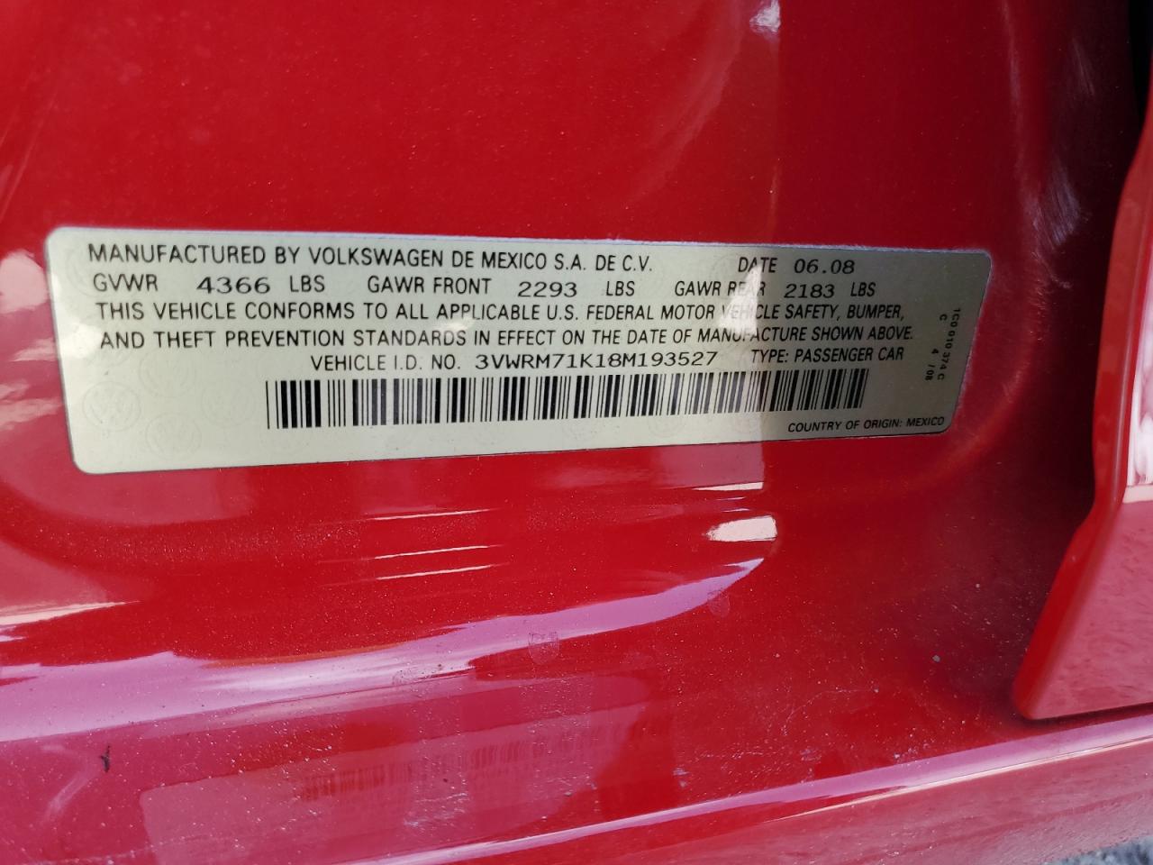 2008 Volkswagen Jetta Se VIN: 3VWRM71K18M193527 Lot: 61044325