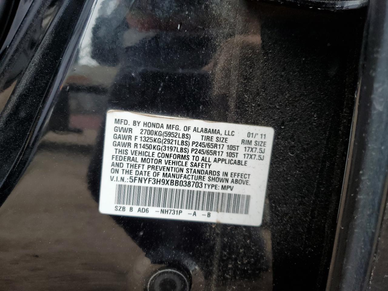 2011 Honda Pilot Touring VIN: 5FNYF3H9XBB038703 Lot: 59627725