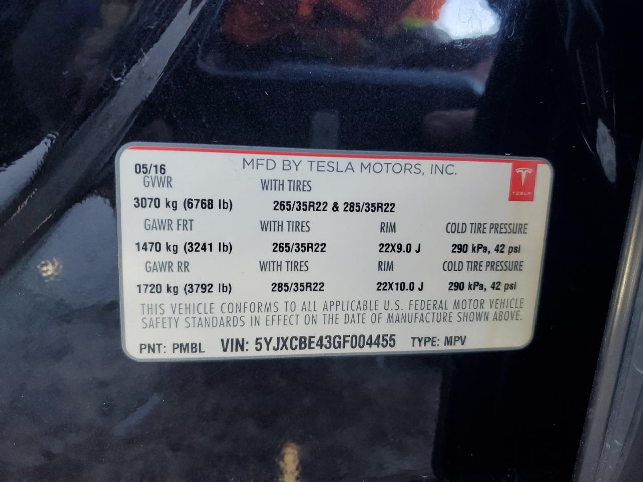2016 Tesla Model X VIN: 5YJXCBE43GF004455 Lot: 52461945