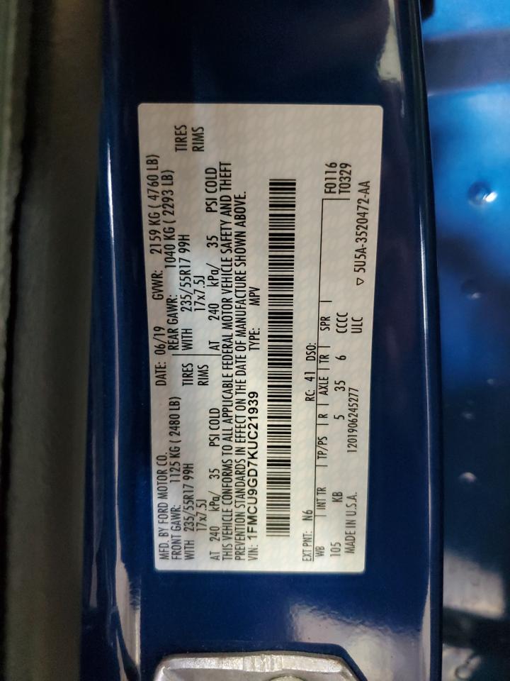 1FMCU9GD7KUC21939 FORD ESCAPE 2019