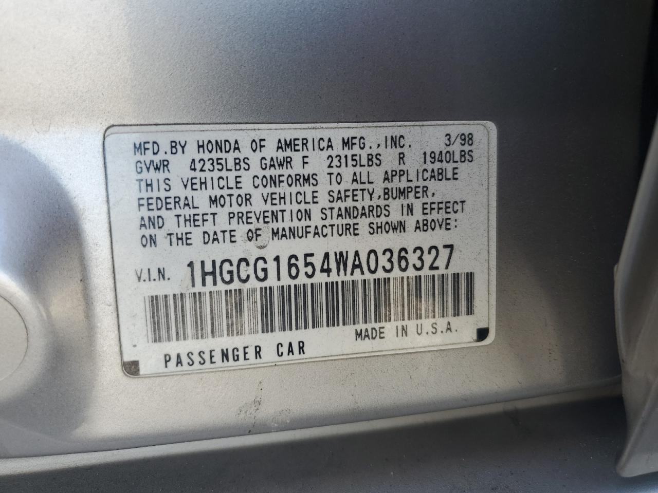 1998 Honda Accord Ex VIN: 1HGCG1654WA036327 Lot: 60319605