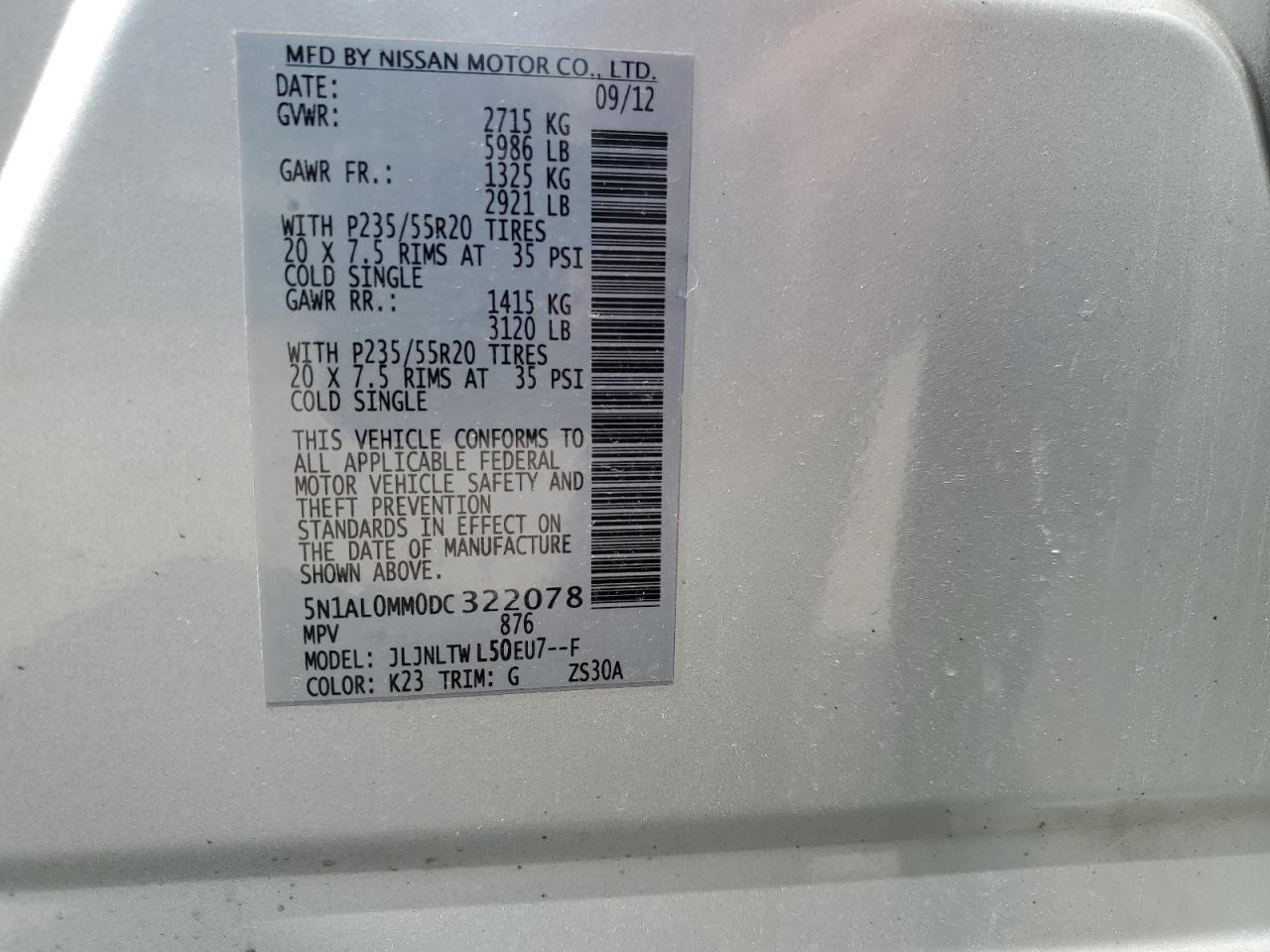 2013 Infiniti Jx35 VIN: 5N1AL0MM0DC322078 Lot: 59589375