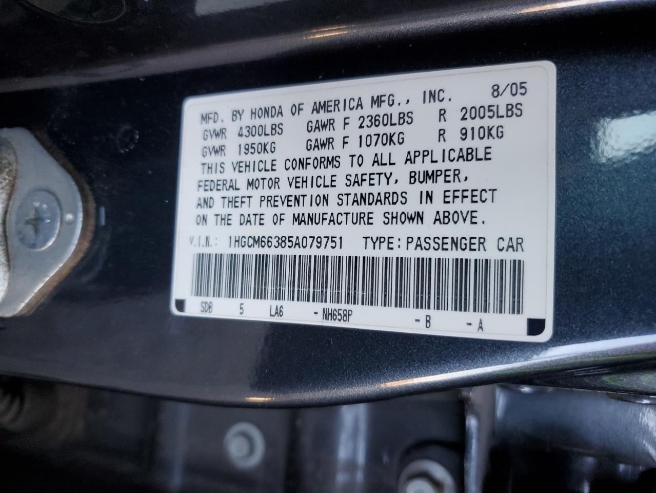 2005 Honda Accord Lx VIN: 1HGCM66385A079751 Lot: 62747285
