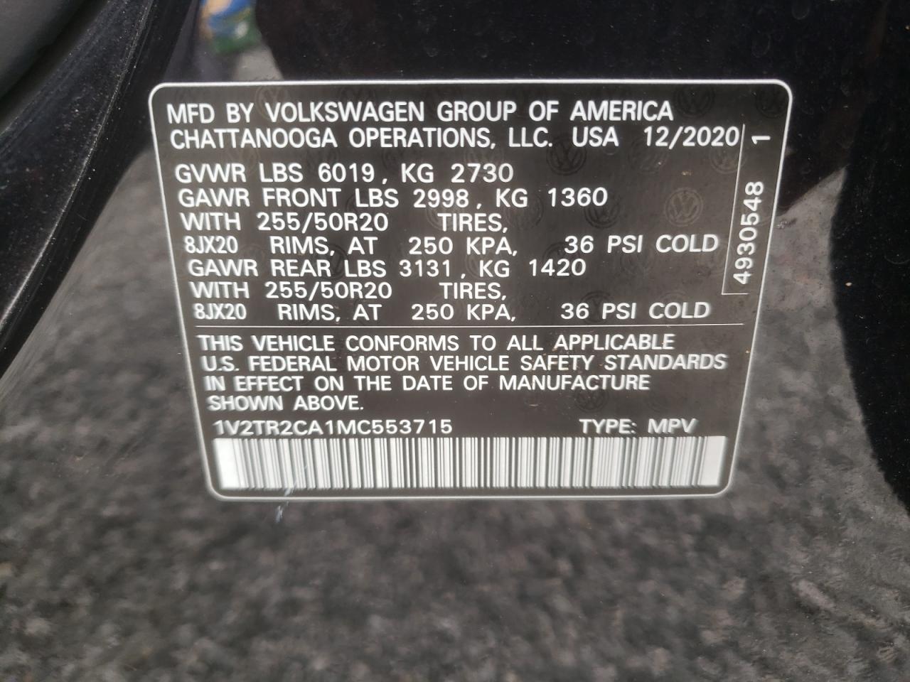 2021 Volkswagen Atlas Sel Premium VIN: 1V2TR2CA1MC553715 Lot: 59314485