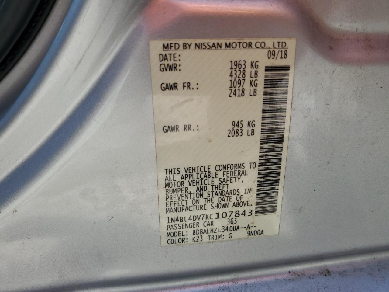 NISSAN ALTIMA 2019 VIN 1N4BL4DV7KC107843 фото 12