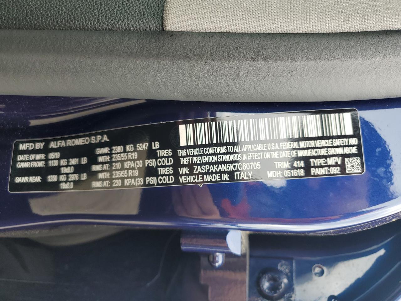 2019 Alfa Romeo Stelvio VIN: ZASPAKAN5K7C60705 Lot: 61807655