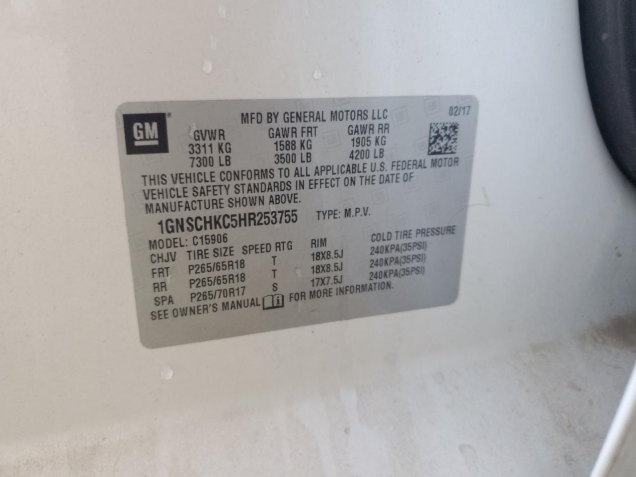 1GNSCHKC5HR253755 CHEVROLET SUBURBAN 2017