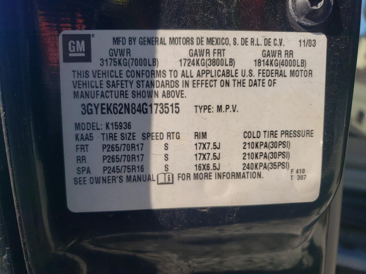 2004 Cadillac Escalade Ext VIN: 3GYEK62N84G173515 Lot: 62053595