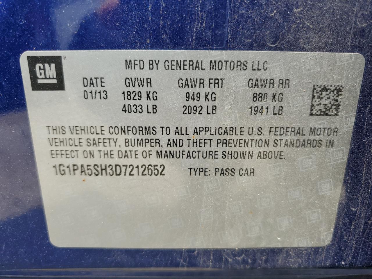 2013 Chevrolet Cruze Ls VIN: 1G1PA5SH3D7212652 Lot: 61172455