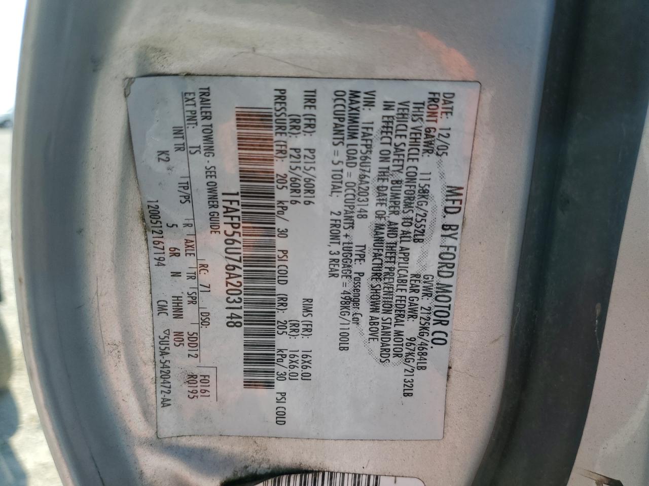 2006 Ford Taurus Sel VIN: 1FAFP56U76A203148 Lot: 58626225