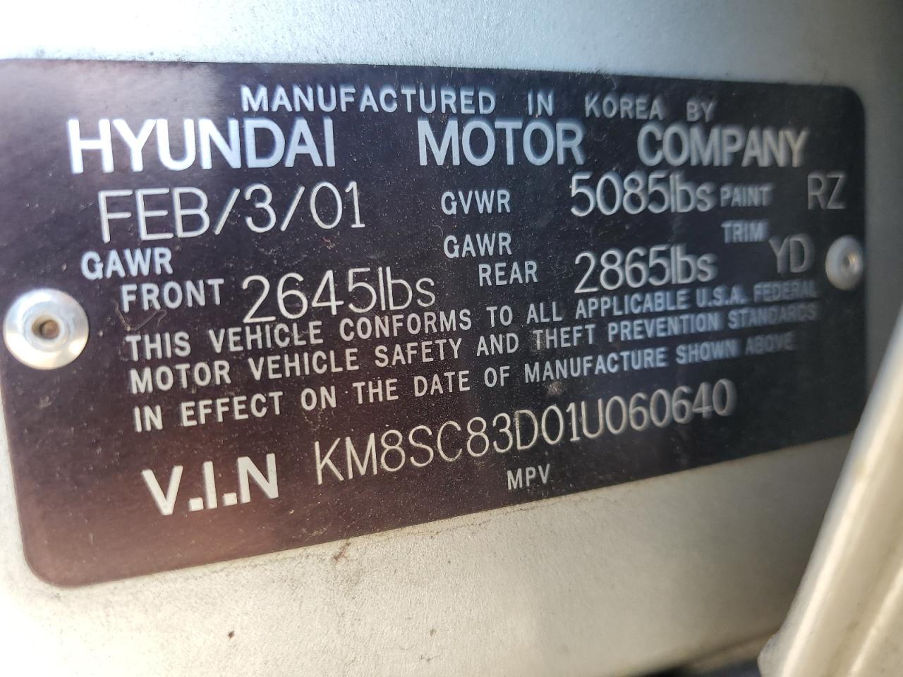 2001 Hyundai Santa Fe Gls VIN: KM8SC83D01U060640 Lot: 62702165