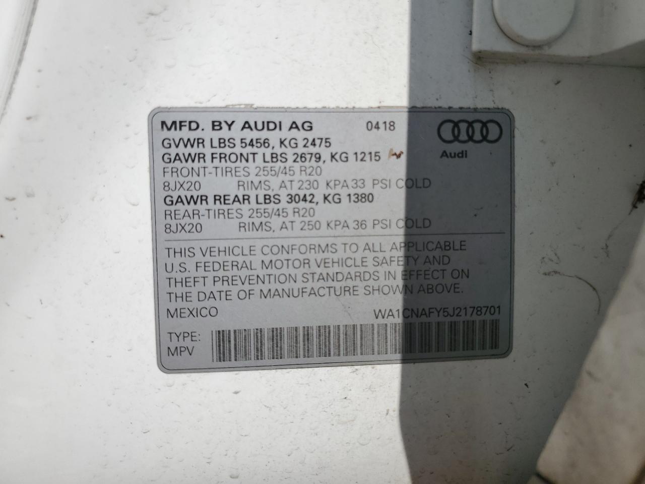 2018 Audi Q5 Prestige VIN: WA1CNAFY5J2178701 Lot: 61411925