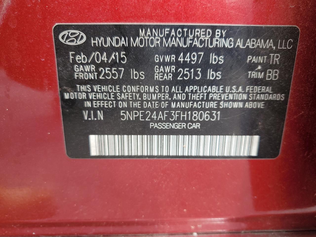 2015 Hyundai Sonata Se VIN: 5NPE24AF3FH180631 Lot: 62769605
