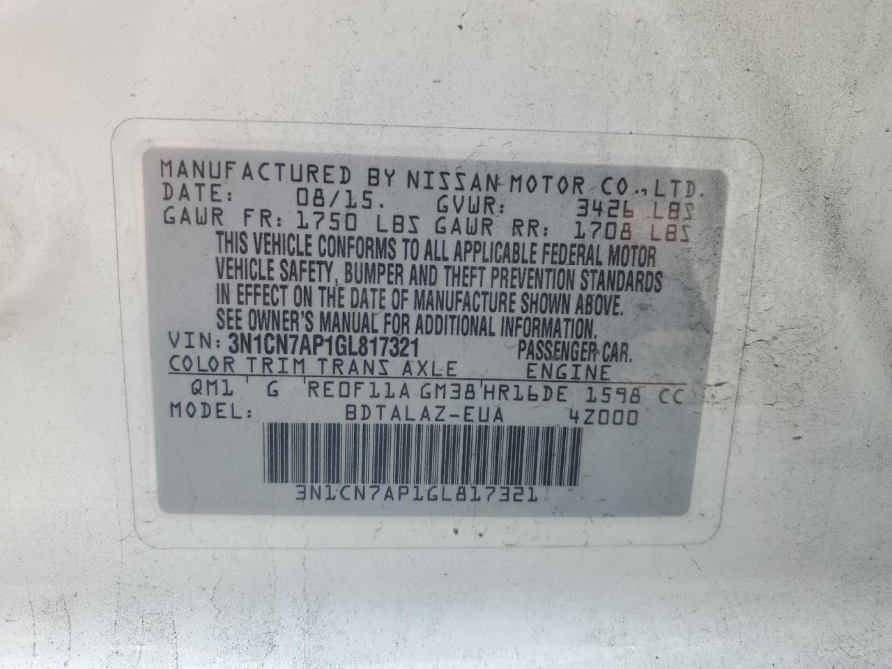 3N1CN7AP1GL817321 NISSAN VERSA 2016