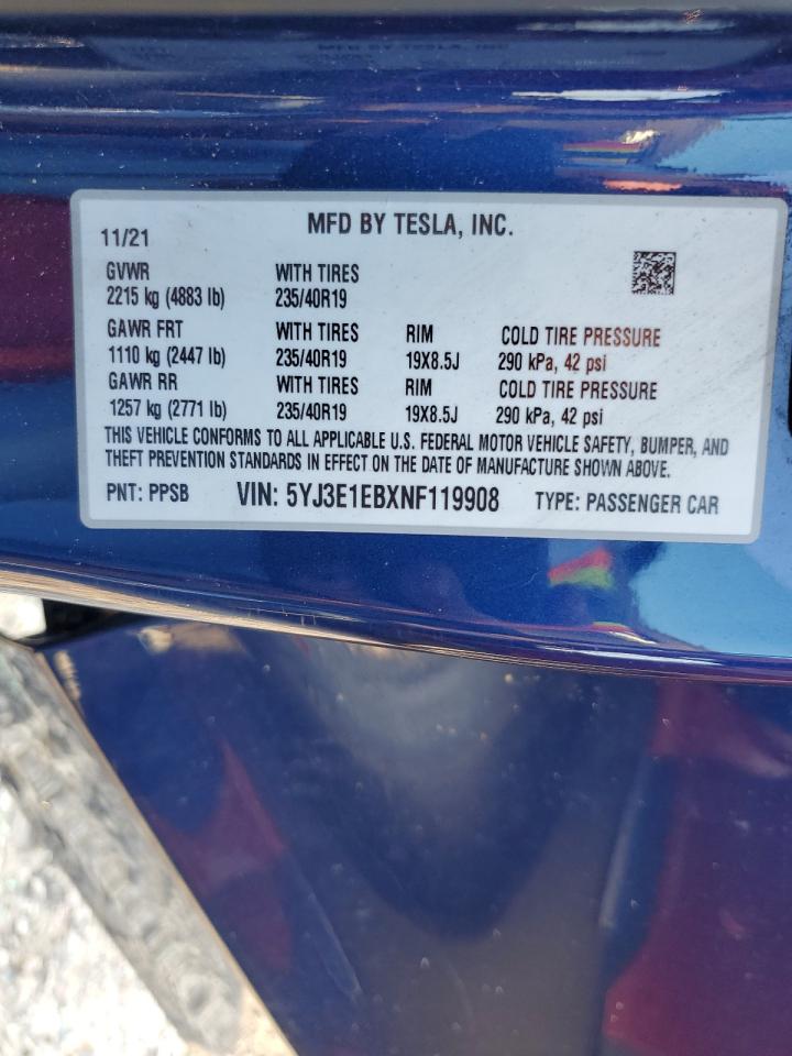TESLA MODEL 3 2022 VIN 5YJ3E1EBXNF119908 zdjęcie 12