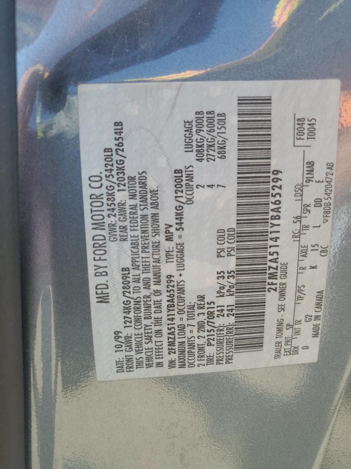 2000 Ford Windstar Lx VIN: 2FMZA5141YBA65299 Lot: 61062365