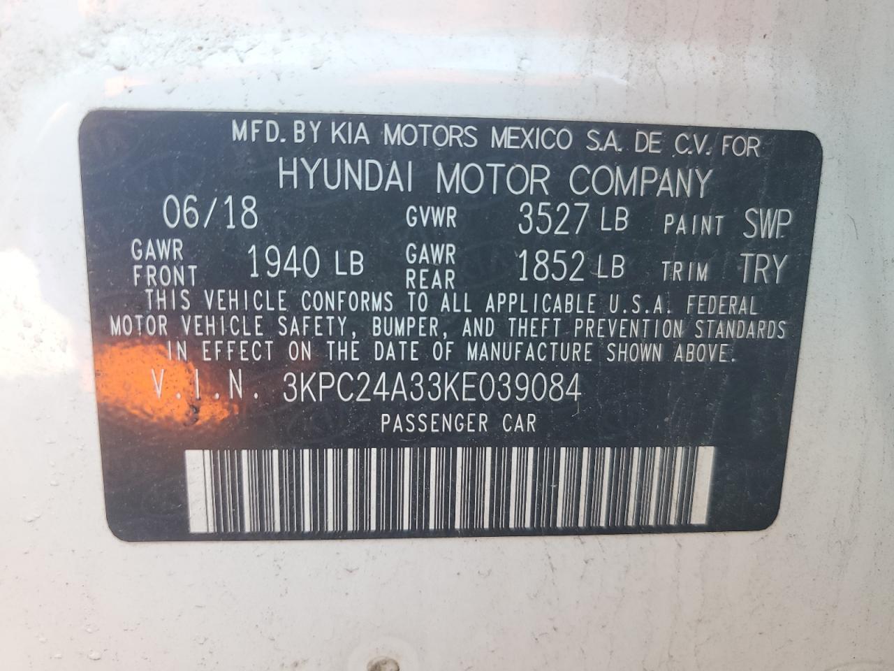 2019 Hyundai Accent Se VIN: 3KPC24A33KE039084 Lot: 61950025