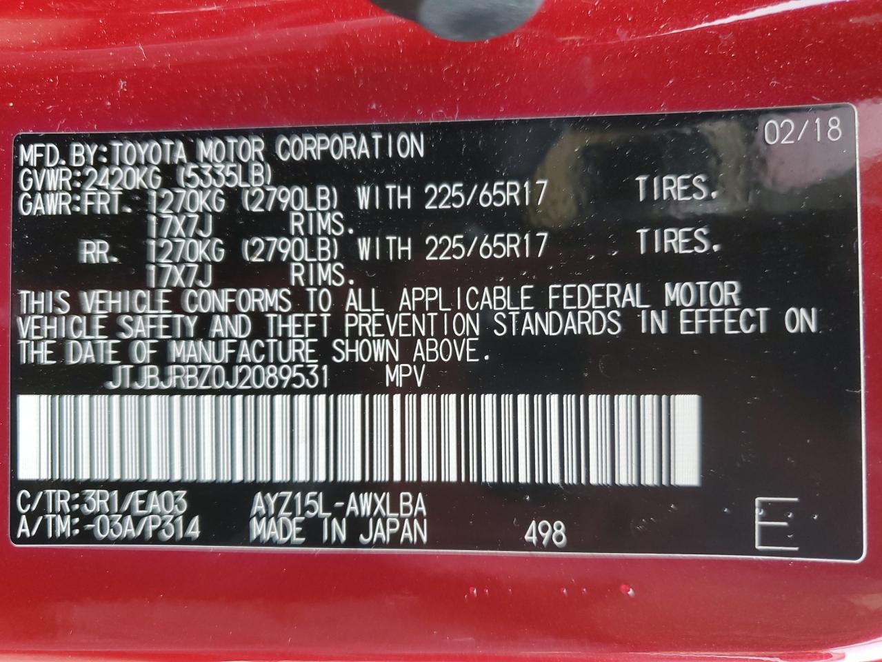 2018 Lexus Nx 300H VIN: JTJBJRBZ0J2089531 Lot: 61930585